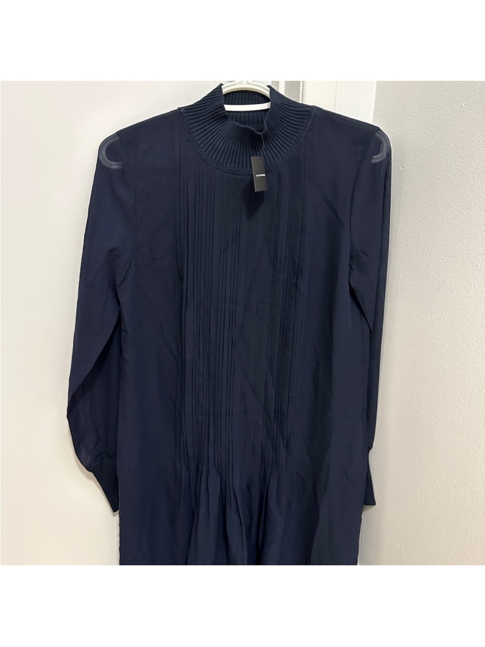 Club Monaco Navy Long-Sleeve Pleated Mock Neck Dress